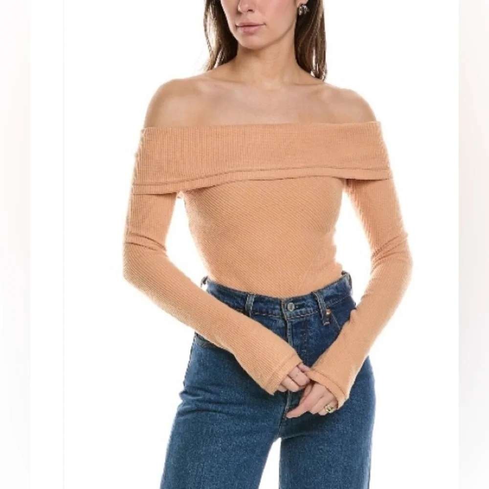 Privacy Please Womens XS Tan Ribbed Off the Shoulder Long Sleeve Bodysuit Camel‎